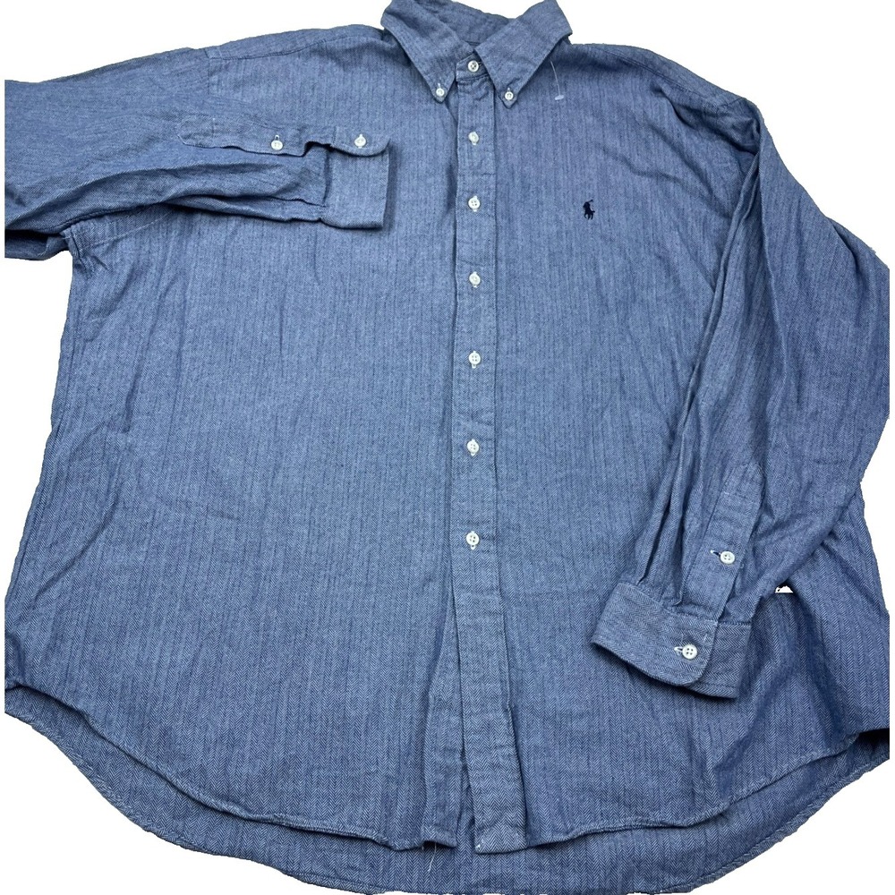 Ralph Lauren Shirt Men Blue Flannel Button Up Blake Herringbone Plaid Dress *